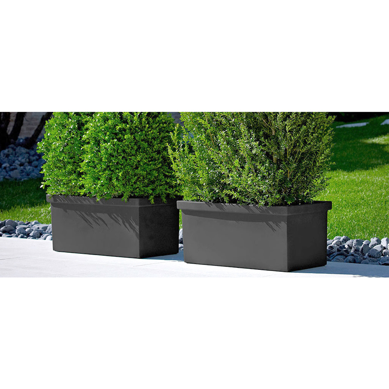 Pflanztrog schwarz mit Buchsbaum als Sichtschutz aufgestellt